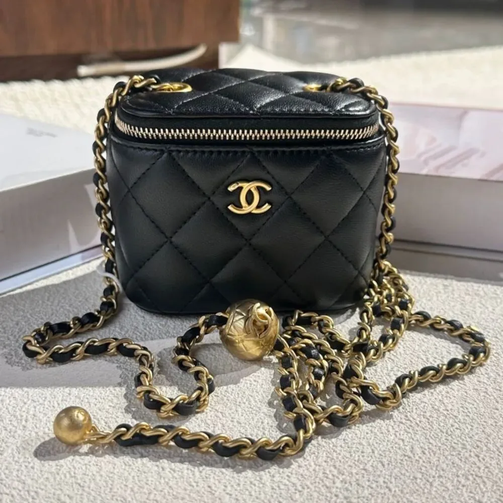 CHANEL Black Quilted Lambskin Mini Vanity Bag with Gold Hardware